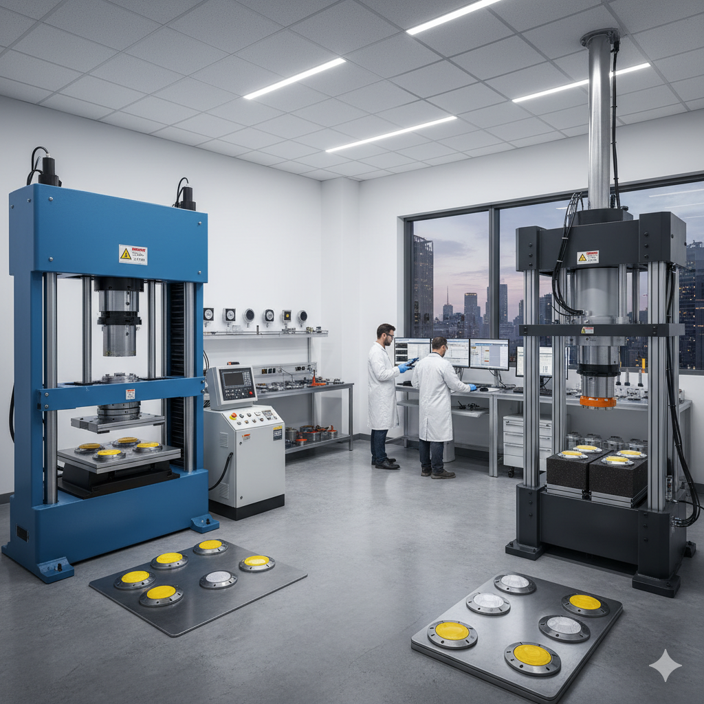 Road stud testing under compression and durability machine